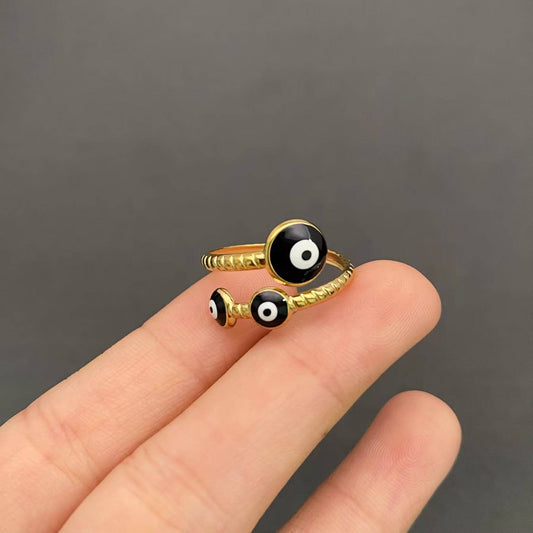 Black Enamel Evil Eye Ring ☆ Turkish Nazar Eye 🧿 18K Gold Plated Ring