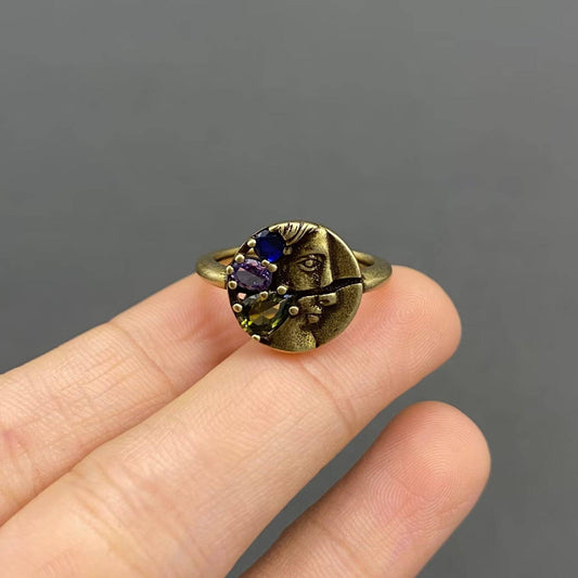 Cubic Zirconia Janus Face Bronze Portrait ◇ Adjustable Ring