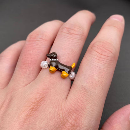 Ceramic Dachshund Dog Pearl Beaded Elastic Ring - Y2K