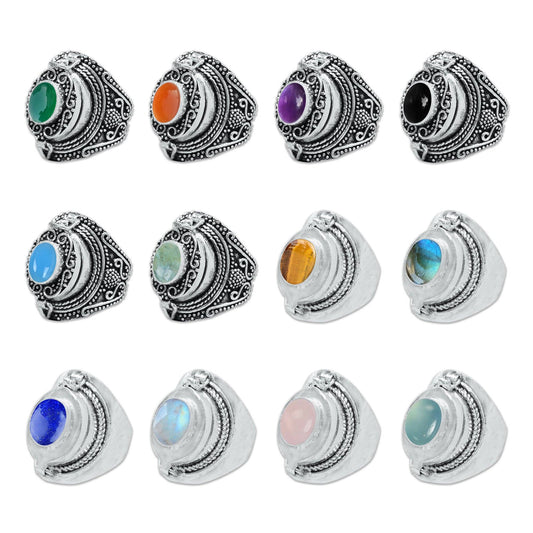 Handmade Silver-Plated Compartment Rings – Poison Rings with Hidden Storage * Various Sizes & Gemstone