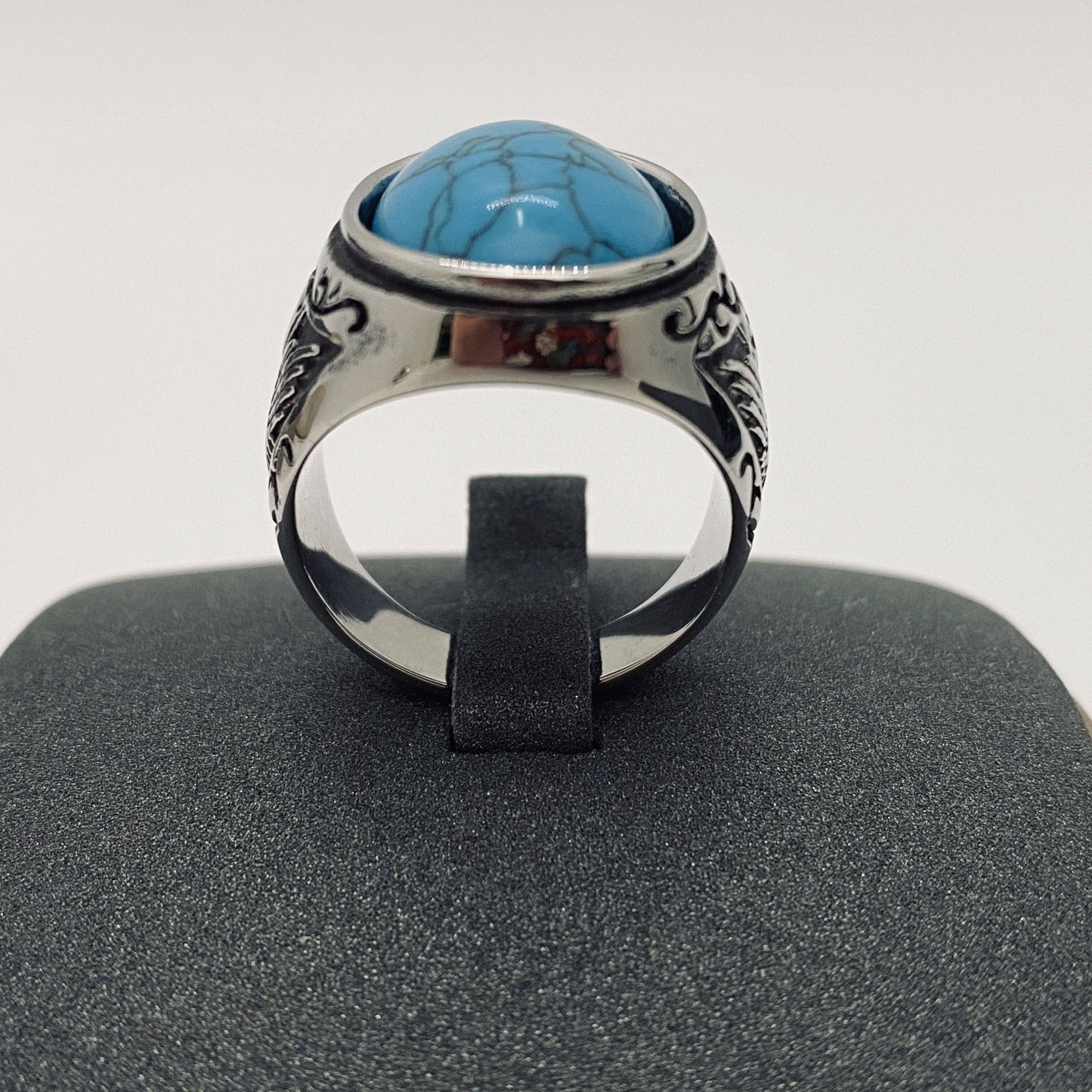 Stainless Steel Engraved Ring with Black Agate