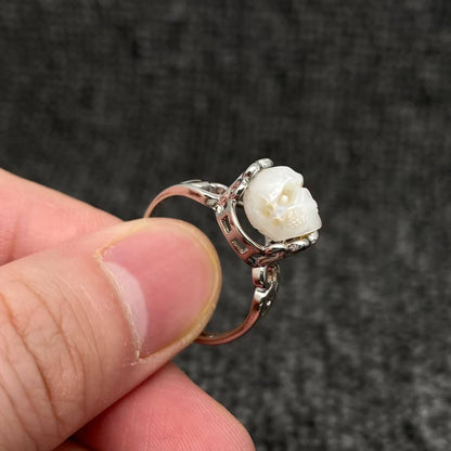 Gothic Freshwater Pearl Carved Skull Adjustable Ring