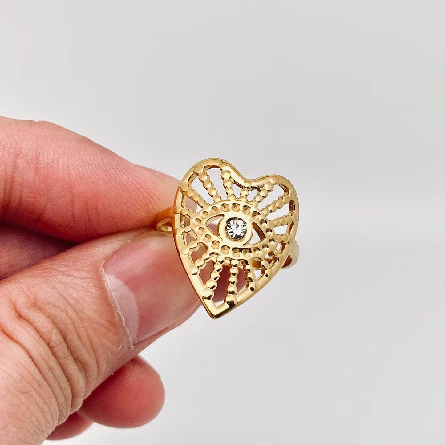 Hollow Heart * Ouija Planchette *  Inlaid Cubic Zirconia Stainless Steel Ring