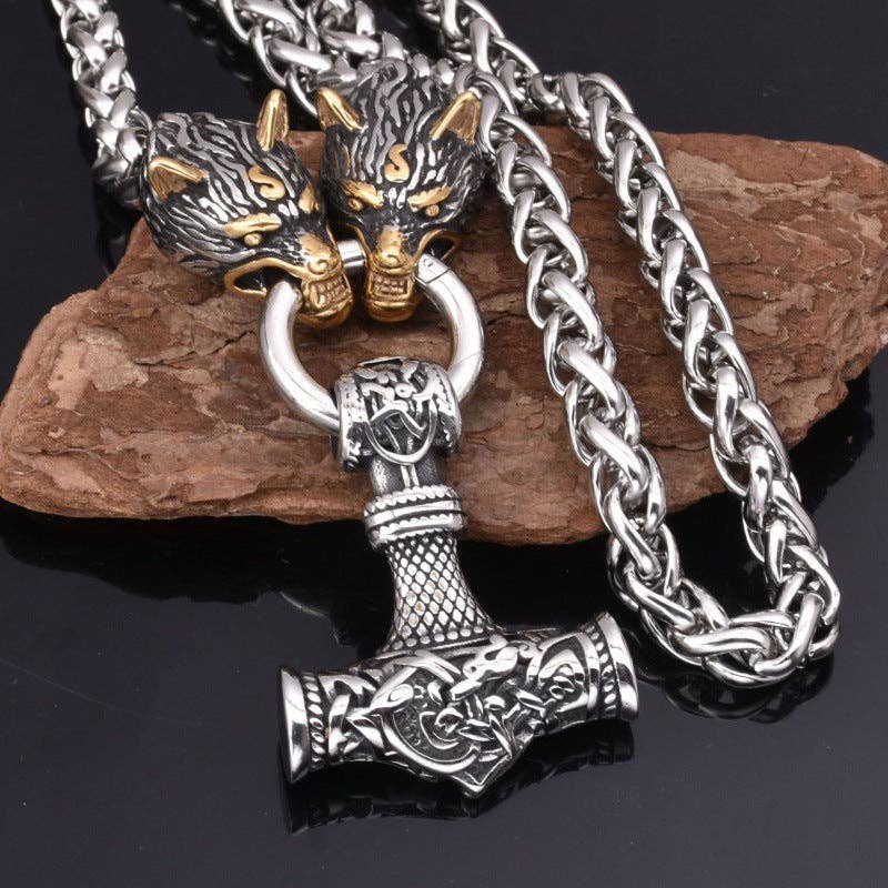 Rune Hammer Pendant Wolf Head Necklace