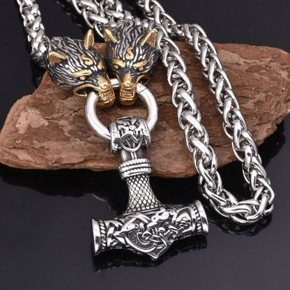 Rune Hammer Pendant Wolf Head Necklace