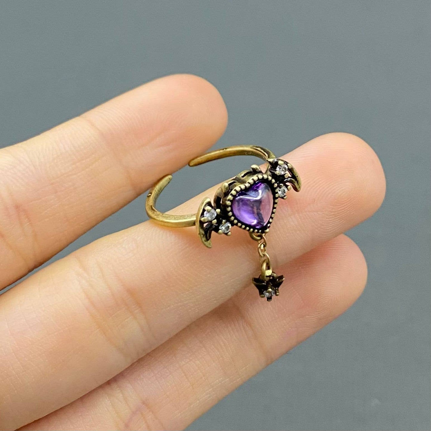 Purple Rhinestone Demon Heart Bronze Adjustable Ring