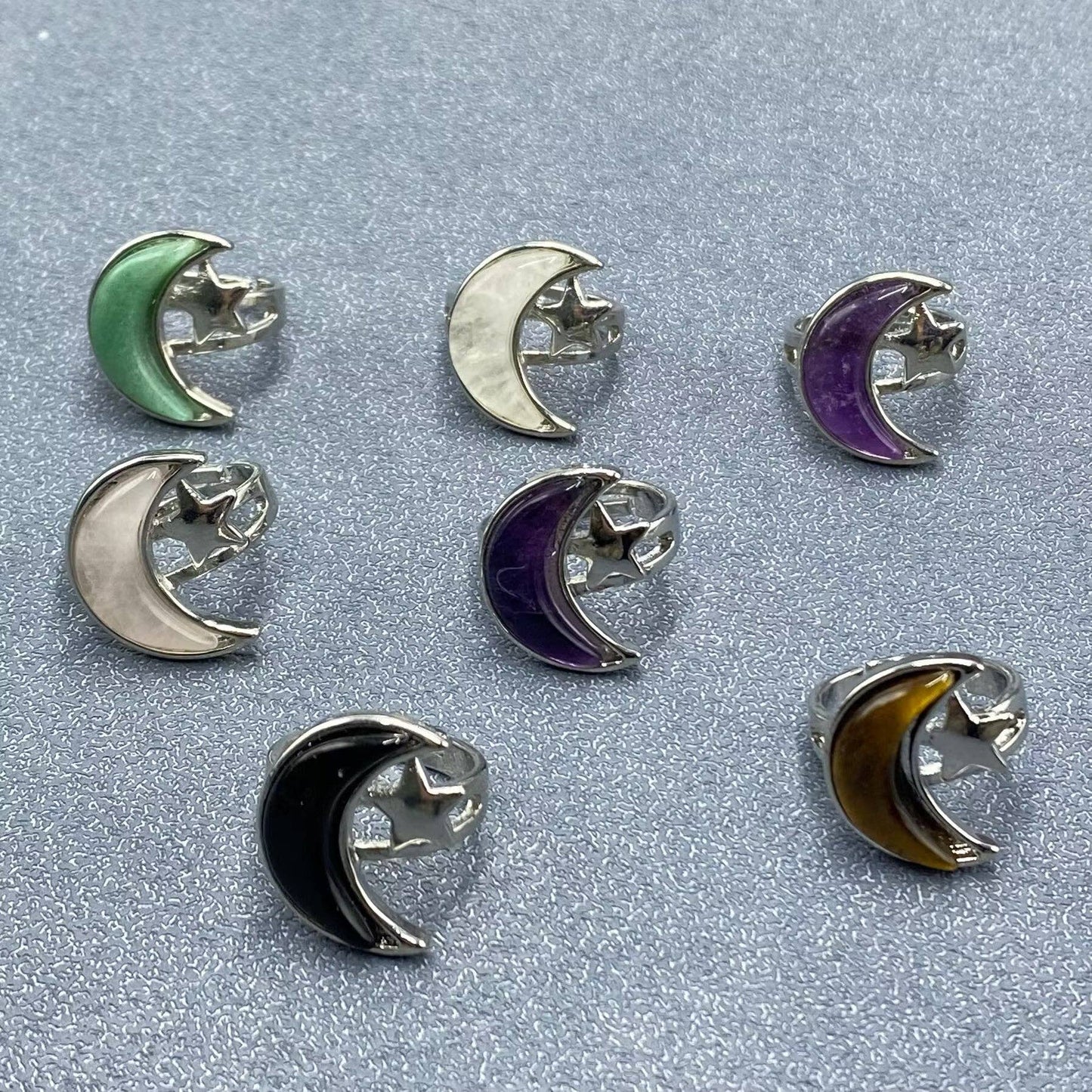 Agate Moon & Star Silver Tone Adjustable Ring