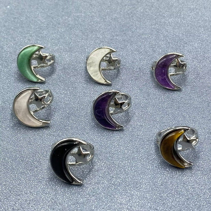 Agate Moon & Star Silver Tone Adjustable Ring