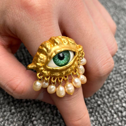 Freshwater Pearl Fringe Evil Eye Gold Adjustable Ring