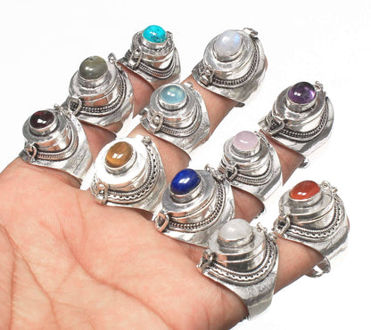 Handmade Silver-Plated Poison Rings with Semiprecious Gemstones