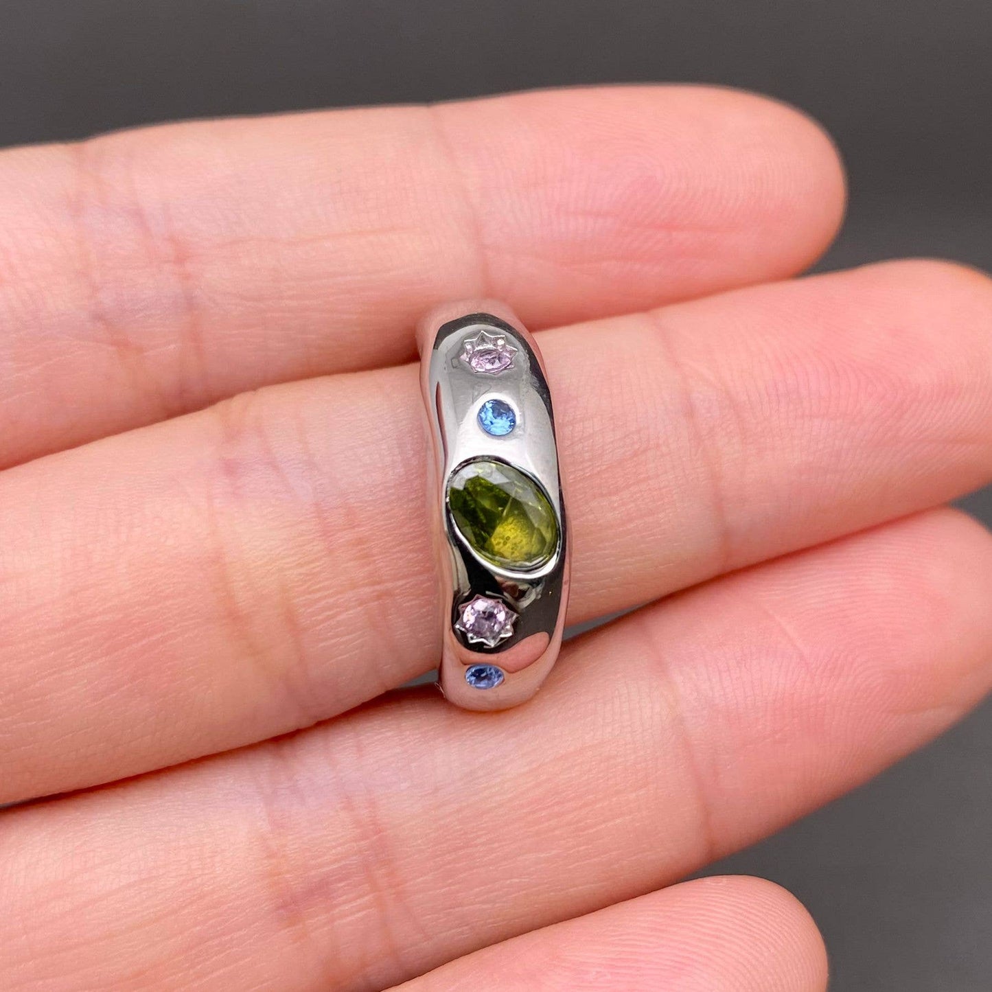 Colored Zircon Inlaid 18K Gold Plated Stainless Steel Ring