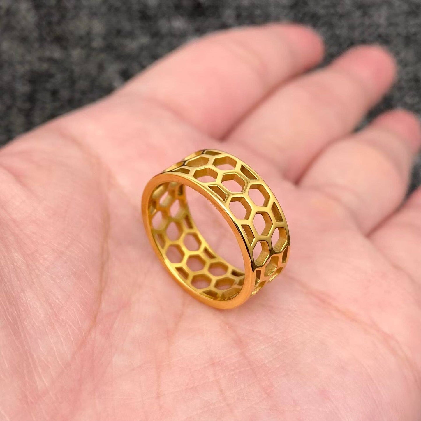 Hollow Honeycomb 18K Gold Plated Stainless Steel Ring