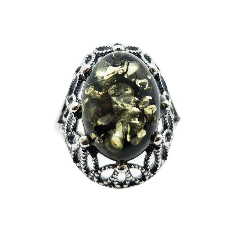 Green Amber Sterling Silver Ring