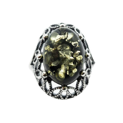 Green Amber Sterling Silver Ring