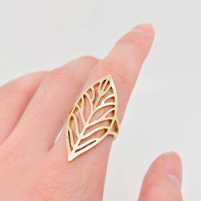 Leaf Shape Golden Stainless Steel Adjustable Ring