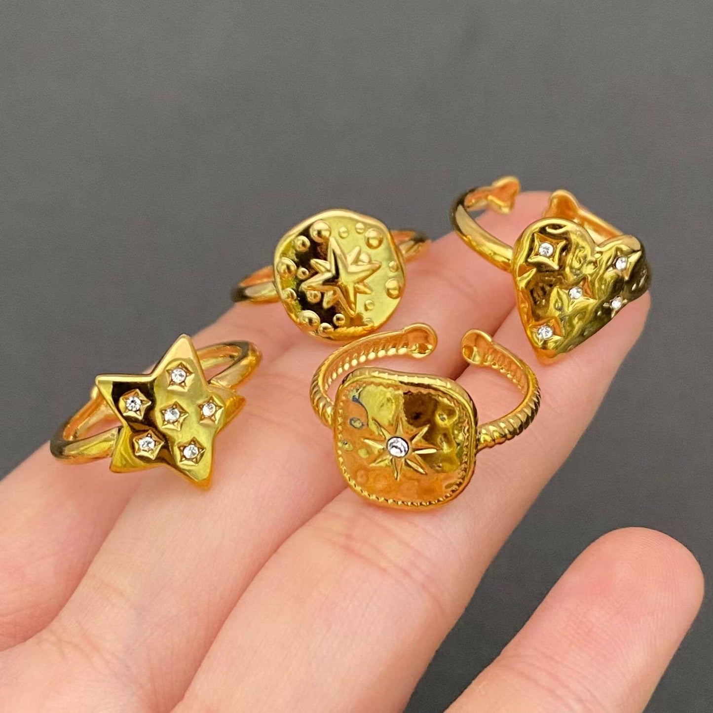 Cubic Zirconia Star 18K Gold Plated Stainless Steel Ring