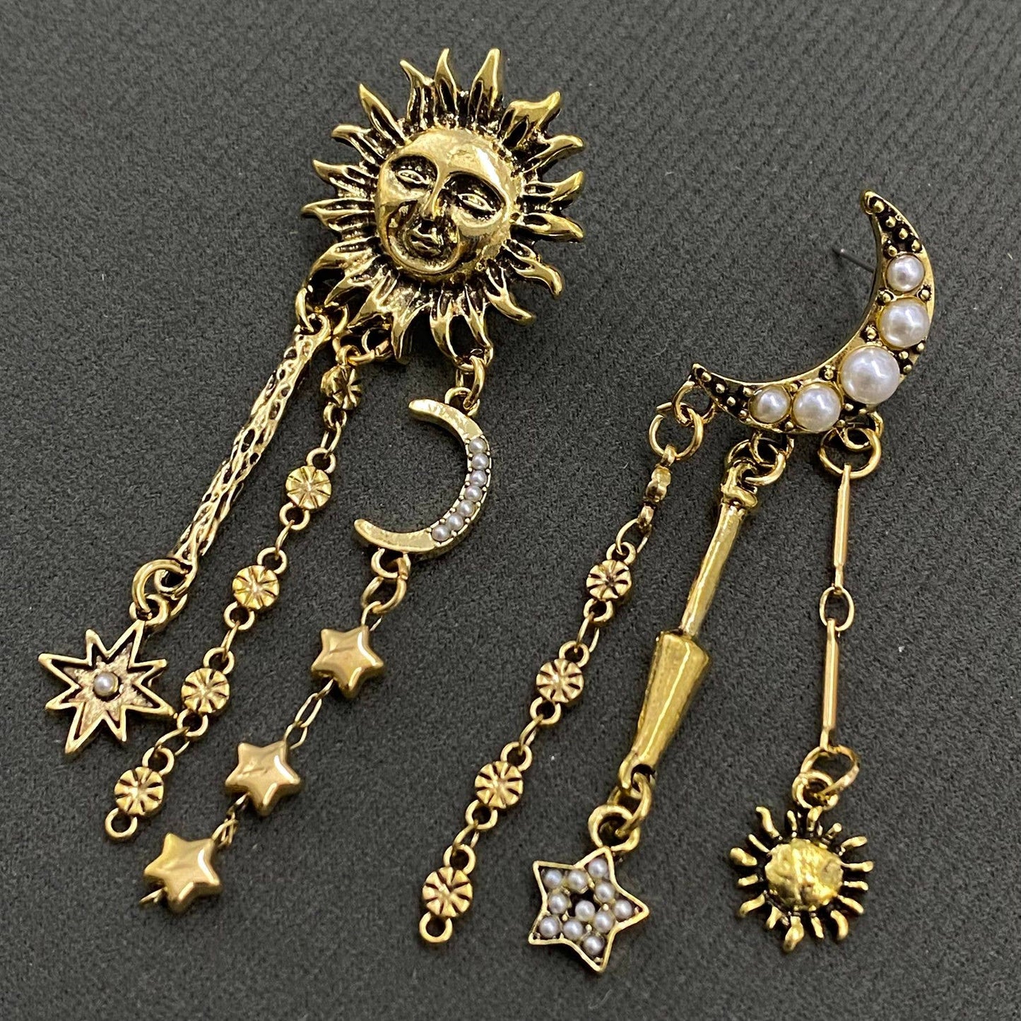 Celestial Asymmetric Sun Moon Post Earrings