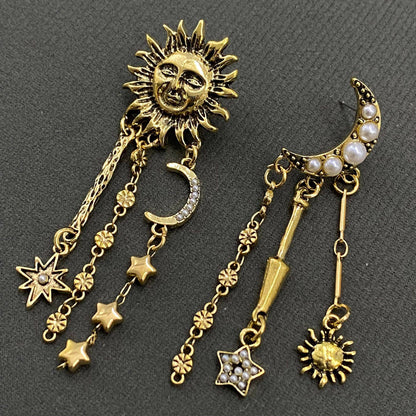 Celestial Asymmetric Sun Moon Post Earrings