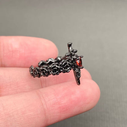 Gothic Black Rose Sword Adjustable Ring