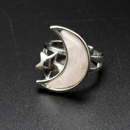 Agate Moon & Star Silver Tone Adjustable Ring