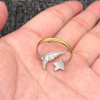 Two Tone 18K Gold Plated Stainless Steel Star Moon Ring