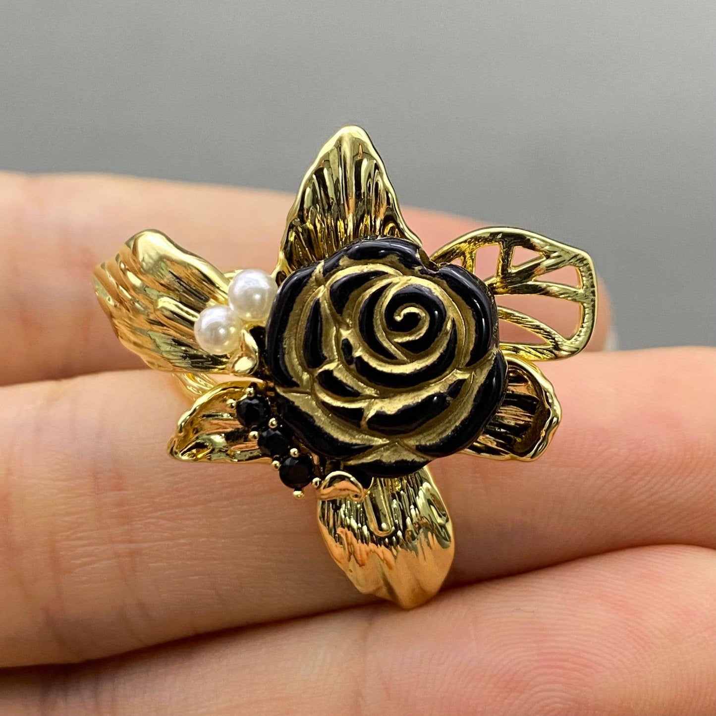 Vintage 14K Gold Plated Enamel Rose Adjustable Ring
