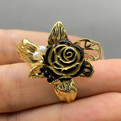 Vintage 14K Gold Plated Enamel Rose Adjustable Ring