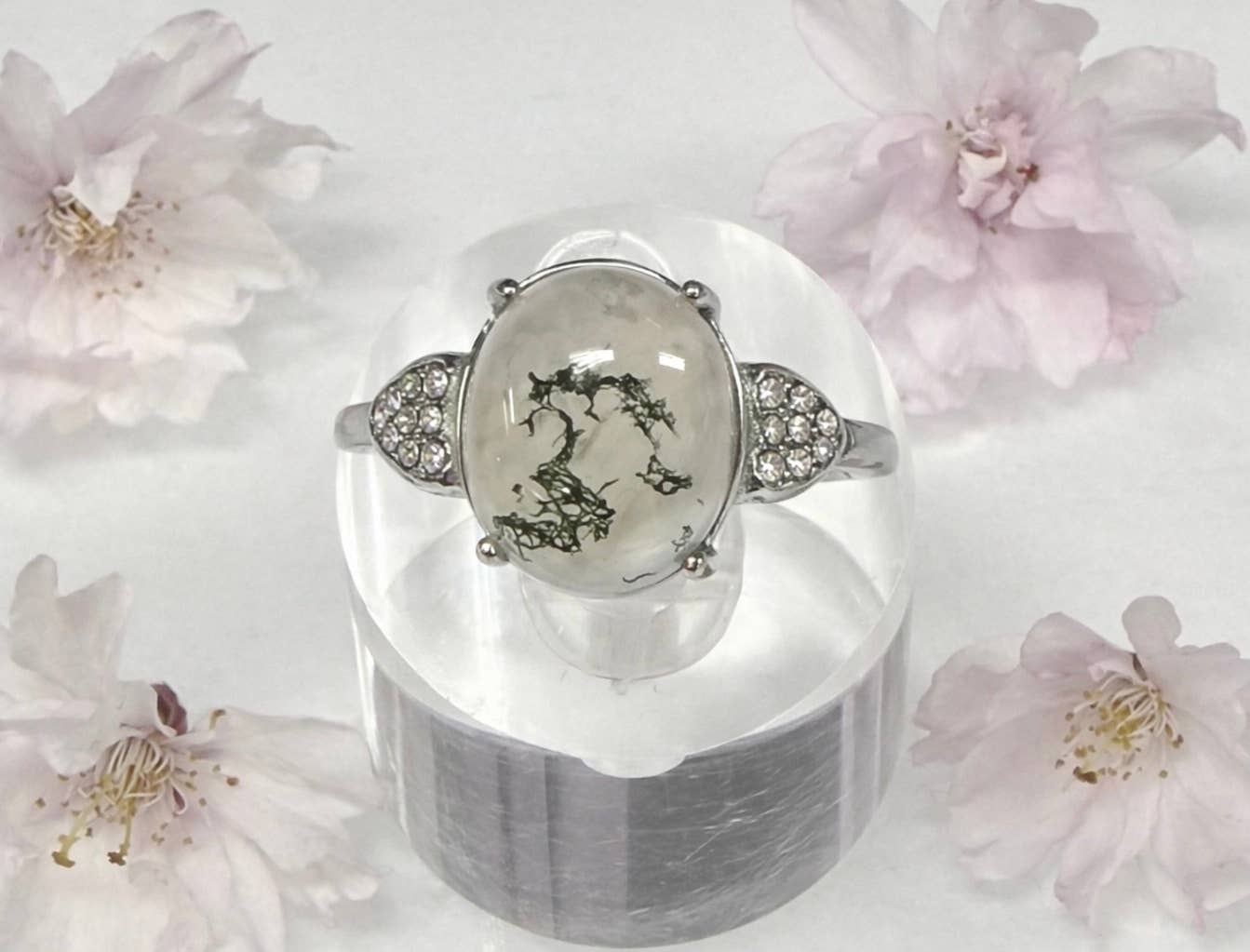 Natural Moss Agate Stainless Steel Rings - Herkimer Diamond Details