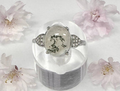 Natural Moss Agate Stainless Steel Rings - Herkimer Diamond Details