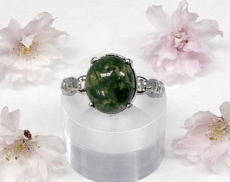 Natural Moss Agate Stainless Steel Rings - Herkimer Diamond Details