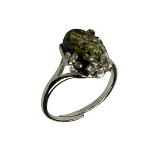 Green Amber Sterling Silver Flower Adjustable Ring