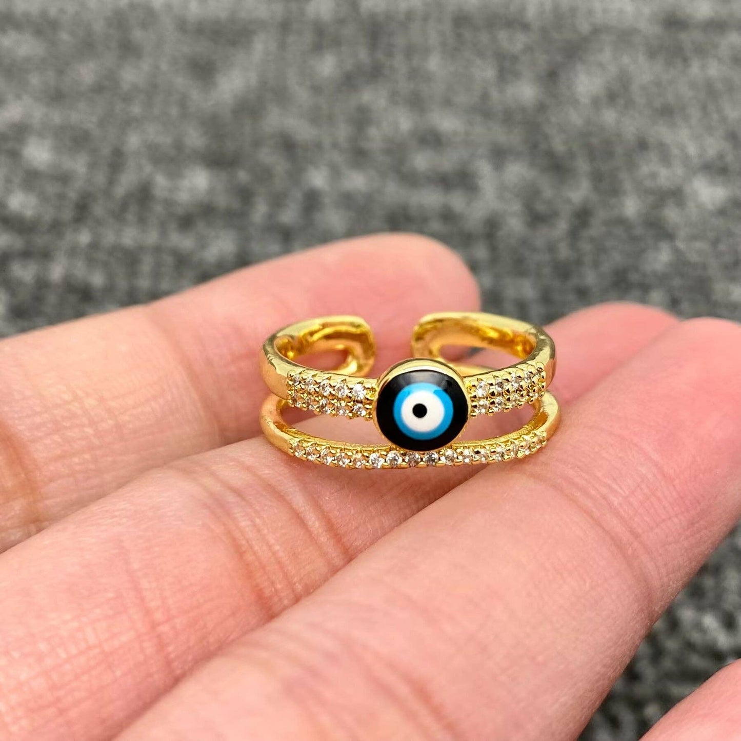 Enamel Rhinestone Turkish Evil Eye Golden Adjustable Rings