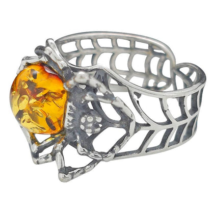 Cognac Amber Silver Spider Adjustable Ring