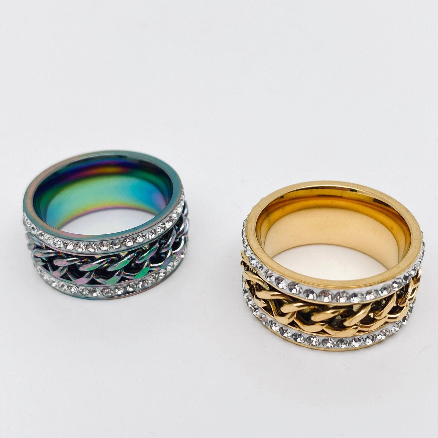 Titanium & Stainless Steel Rhinestone Rotatable Chain Fidget Ring