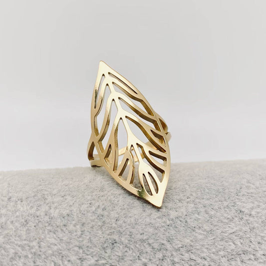 Leaf Shape Golden Stainless Steel Adjustable Ring