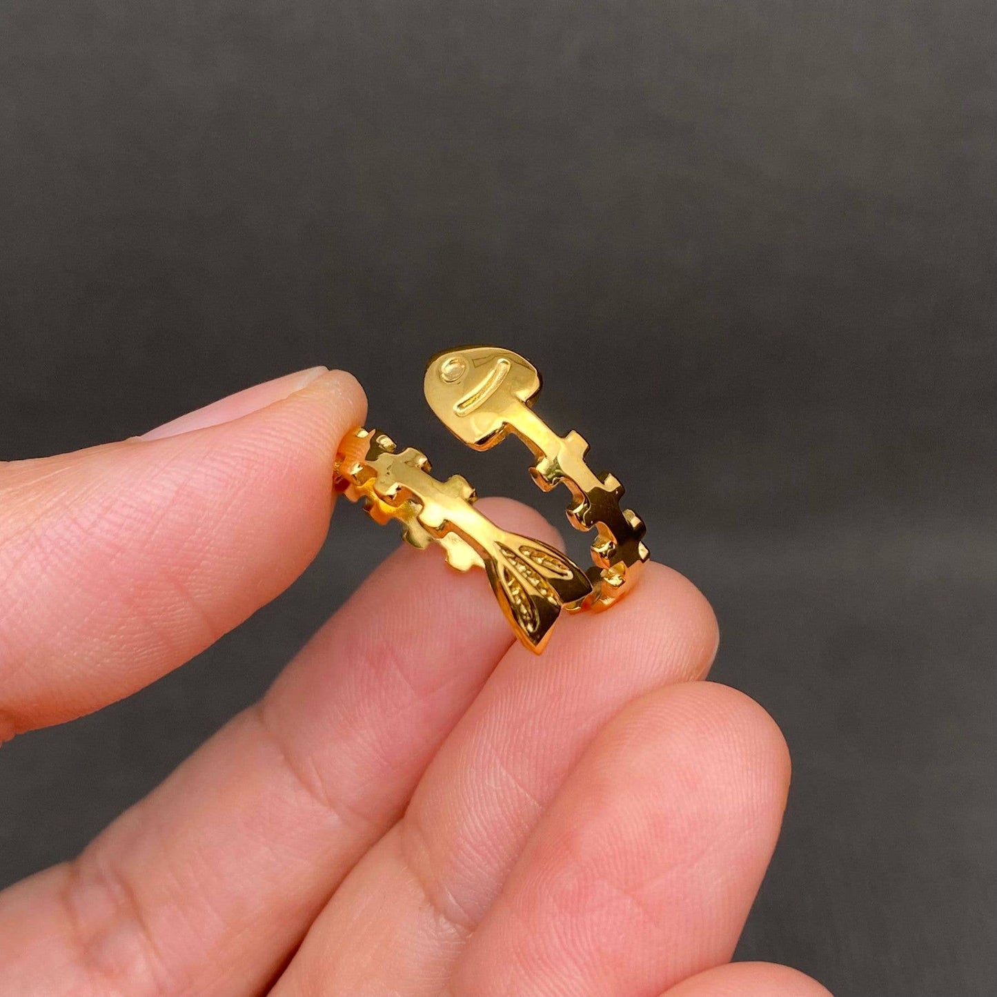 Fishbone 18K Gold Plated Stainless Steel Ring - Adjustable