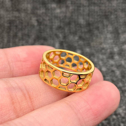 Hollow Honeycomb 18K Gold Plated Stainless Steel Ring