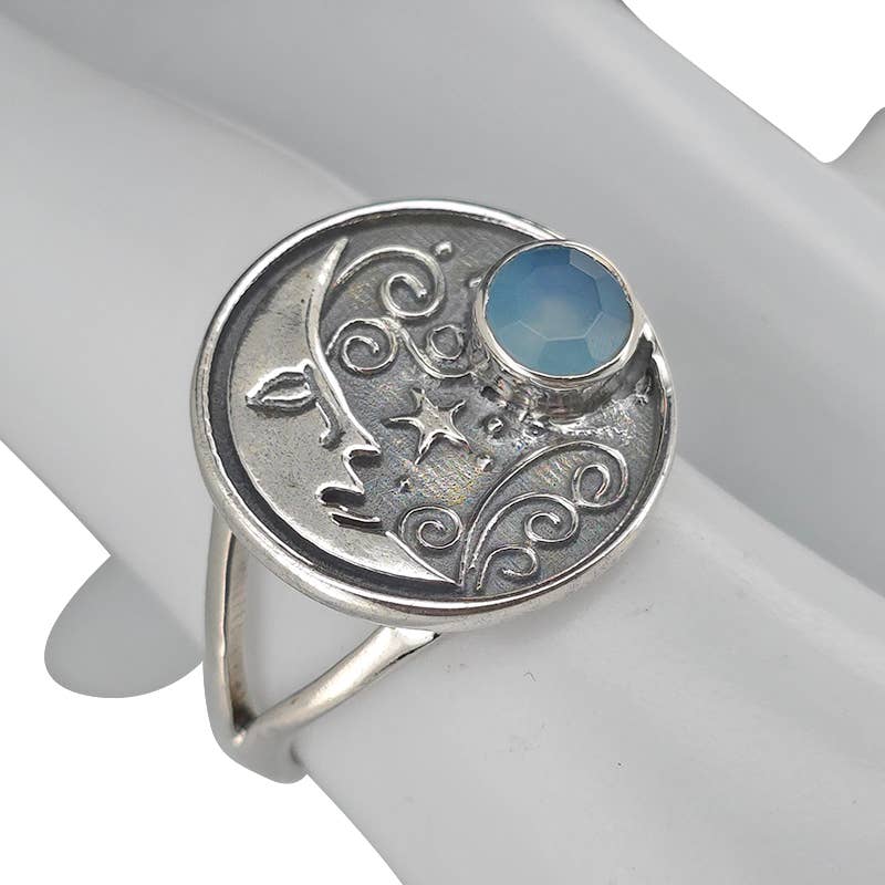 Faceted Blue Chalcedony Silver Moon Ring
