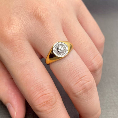 Two Tone Sun Signet 18K Gold Plated Stainless Steel Ring