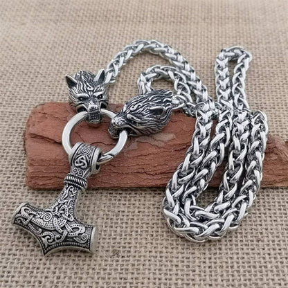 Viking Thor's Hammer Wolf Head Pendant Necklace