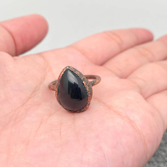 Drop-Shaped Black Agate Adjustable Ring