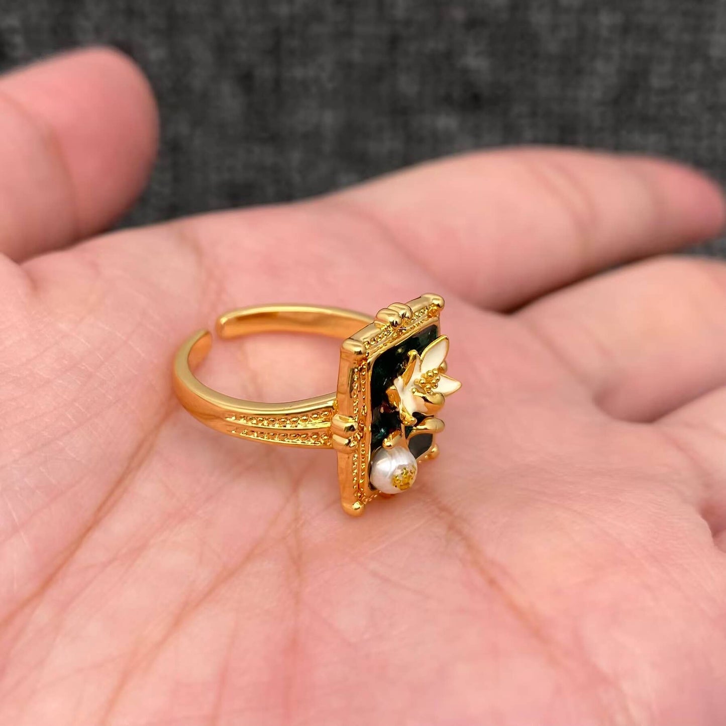 Vintage Oil Painting Style Flower 18K Gold Plated Ring