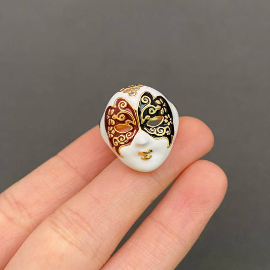 Commedia Dell'Arte Harlequin ☆ Enamel Mask 18K Gold Plated Ring