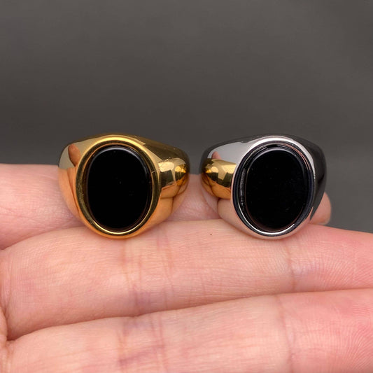 Black Onyx 18K Gold Plated Stainless Steel Ring