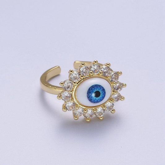 Blue Evil Eye & Swarovski Crystal Gold Adjustable Ring