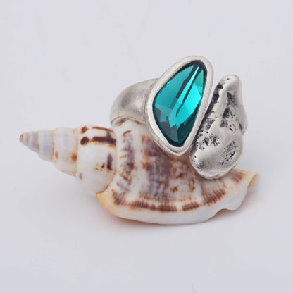 Handmade Peacock Green Swarovski Crystal ☆ 945 Silver Plate - Brass Ring