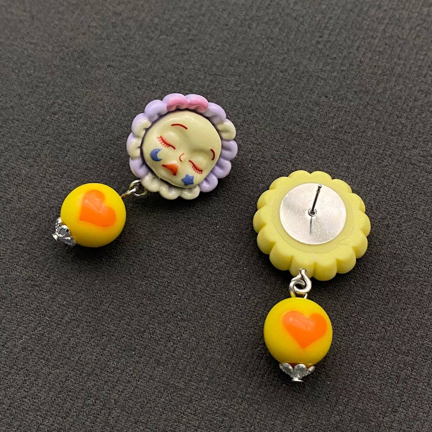 Sunflower Clown Face Doll Earrings - Y2K