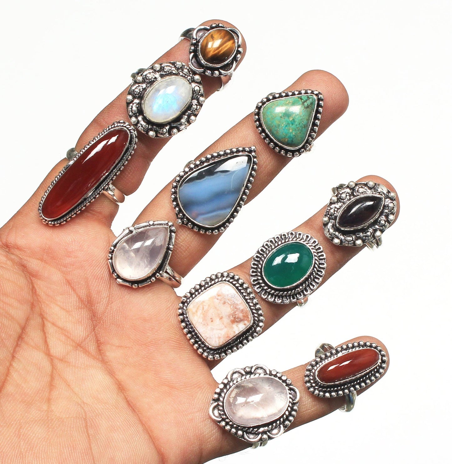 Assorted Semiprecious Stone Rings ☆ Silver Plated, Mixed Sizes, Assorted Designs