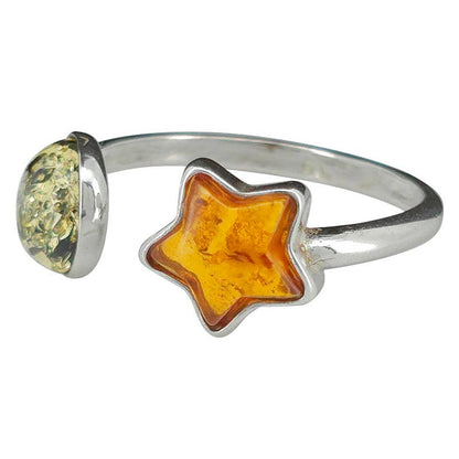 Multi-Color Amber Sterling Silver Star Adjustable Ring