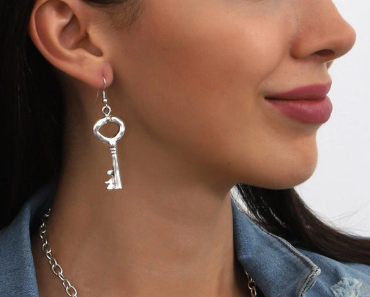 Antique Silver Skeleton Key Earrings